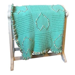 Huge Vintage Handmade Pastel Crochet Knit Blanket with Heart Design